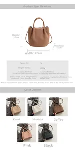 Detailed size specifications for a pleated bucket bag with long strap in five colors