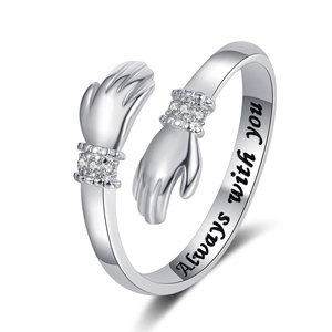 Silver hug hands open ring with diamonds and Always with you engraving on band
