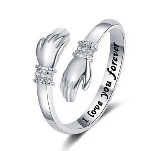 Silver hugging hands open ring with diamonds and I love you forever engraving