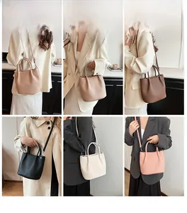 Detailed views of women's pleated bucket bag showing various carry styles and colors