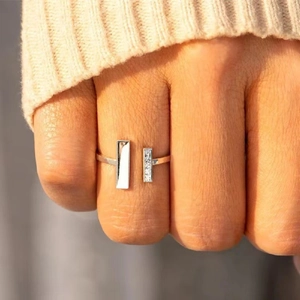 Minimalist double T geometric open ring with sparkling pavé crystals for a modern style