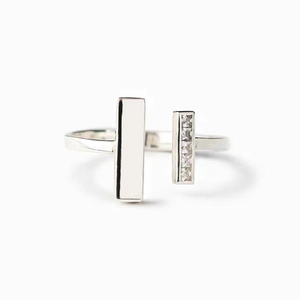 Minimalist silver double T-bar ring with square zircon accents and polished finish