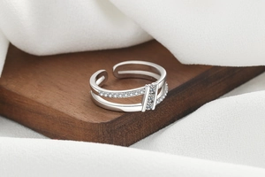 Macro shot of double-layered silver ring with sparkling micro-pave cubic zirconia stones