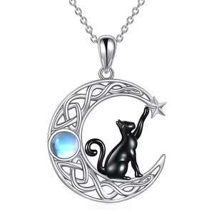 Crescent Moon Cat Pendant Necklace Copper Blue Moonstone Celtic Knot Black Cat Jewelry Gift For Women Mystic Style