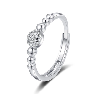 Elegant beaded silver ring with pavé set cubic zirconia in an adjustable open band