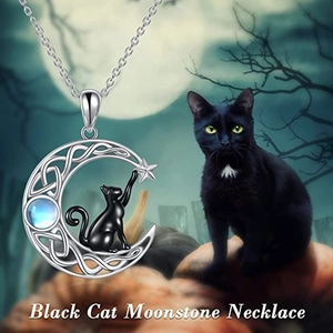 Creative moonstone necklace featuring a black cat on a crescent moon pendant