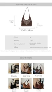 Detailed size specifications for the large capacity tote bag in PU and suede material