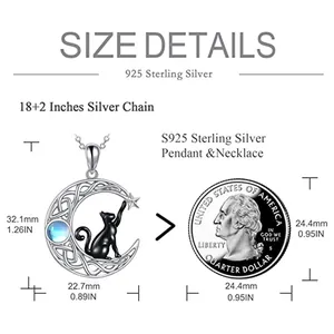 Size chart for S925 sterling silver moon and black cat necklace with blue moonstone