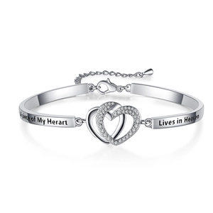 Memorial Heart Clover Bangle Bracelet Copper Cubic Zirconia Engraved Jewelry For Women Adjustable Gift