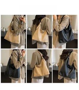 Detailed views of a large lychee texture leather tote bag worn by a model in black and khaki