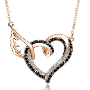 Collier Pendentif Coeur Et Aile En Cuivre Avec Zircon Noir Et Blanc Incrusté Bijoux De Mode Plaqué Or Rose Pour Femme