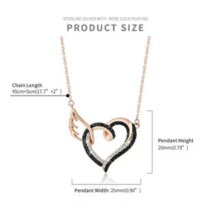 Guide des tailles du collier cœur ailes en argent plaqué or rose avec zircons