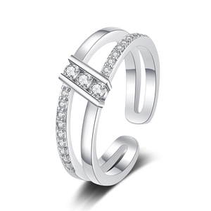 Double layer silver ring for women with pave zircon accents and adjustable open band