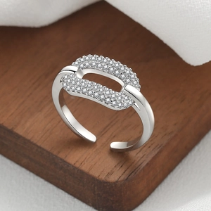 Elegant adjustable silver circle ring featuring pavé zircon geometric oval centerpiece