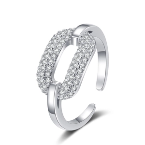 Minimalist silver open ring with pavé cubic zirconia interlocking oval chain links