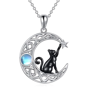 S925 silver crescent moon necklace with moonstone and black cat pendant for women