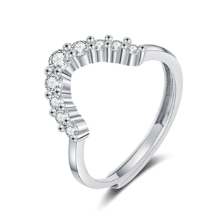 Elegant V-shaped adjustable silver ring with sparkling white cubic zirconia stones