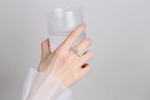 Detailed view of silver double-bar crystal ring on model hand with elegant style