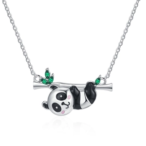 Panda Necklace With Green Zirconia Bamboo Pendant Copper Silver Plated Enamel Cute Animal Jewelry For Women