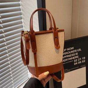 Contrast Color Canvas And Synthetic Leather Bucket Bag With Adjustable Shoulder Strap Dual Handles Retro Minimalist For Women