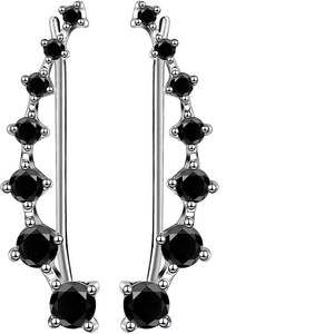 Macro view of curved silver ear crawlers with gradient black zircon claw settings
