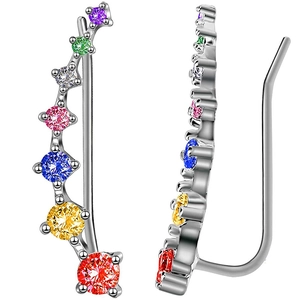 Close-up of rainbow ear crawler with seven colorful zircon stones in silver finish