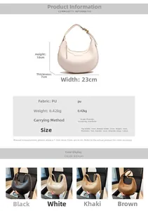 Detailed chart showing PU leather crescent bag dimensions and four available colors