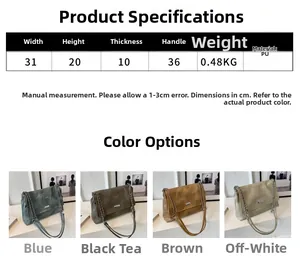 Detailed size chart and quad-color display of the chic PU leather chain tote bag