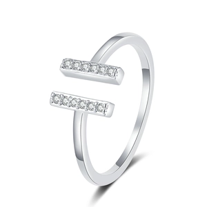 Minimalist silver open ring with dual parallel bars and sparkling zircon pavé setting