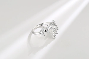 Detailed close-up of leaf-shaped silver ring with sparkling marquise-cut cubic zirconia