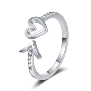 Polished silver Cupid arrow open ring featuring a hollow heart and sparkling cubic zirconia