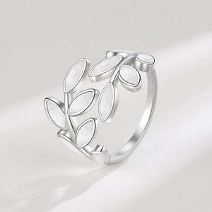 Polished silver leaf open ring with mother-of-pearl inlays in a wrapping branch design