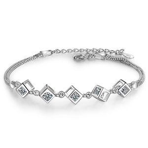 Elegante Bracciale A Cubo Geometrico Rame Placcato Argento Zircone Chiaro Gioielli Versatili Per Donna Regolabile