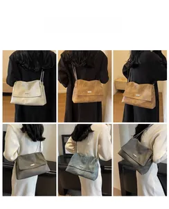Collage of model wearing vintage textured chain shoulder bags in six various colors