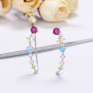 Rainbow zircon crawler earrings with curved colorful rhinestones on silver base
