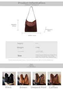 Detailed size chart for suede tote bag showing dimensions 32x32x8cm and weight 0.34kg