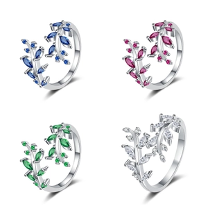 Leaf Branch Open Ring Copper With Colorful Marquise Cubic Zirconia Adjustable Nature Inspired Finger Jewelry For Women
