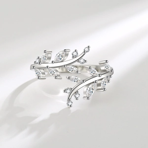 Minimalist leaf vine open ring in silver with marquise-cut cubic zirconia crystals
