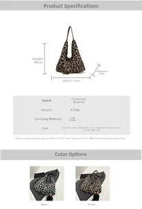 Detailed chart showing dimensions and colors of leopard print oversized hobo tote bag