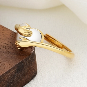 Minimalist two-tone hugging hands heart ring with adjustable open band for women