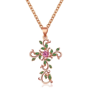 Rose gold cross necklace with vine leaves, pink gemstone and green enamel detail