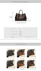 Detailed size chart and specifications for vintage large capacity women's PU tote bag