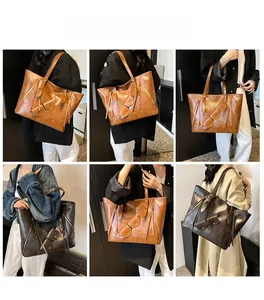 Detailed views of a large vintage tote bag shown in various carrying styles and angles