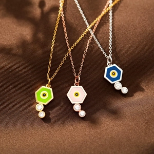 Evil Eye Necklace Copper Hexagon Enamel Pendant With Zircon Stones Bohemian Style Fashion Jewelry For Women