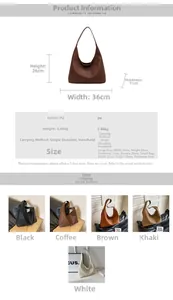 Size chart showing large and small PU tote bags with dimensions and color options