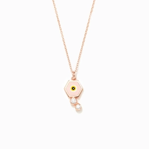 Rose gold hexagon enamel evil eye necklace with double zircon charms on white background