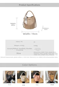 Detailed size chart and dimensions of the litchi pattern PU leather bucket bag with scarf