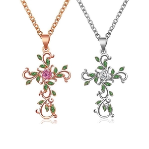 Cross Pendant Necklace Copper With Green Enamel Leaf Vine Design Zircon Inlaid Trendy Jewelry For Women