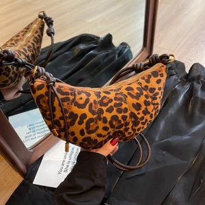 Borsa Croissant Vintage PU Scamosciato Donne Tracolla Nodo Mezzaluna Stampa Leopardata Cerniera Dumpling Bag
