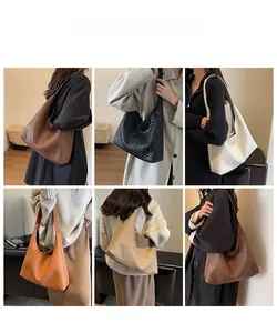 Collage of large woven hobo tote bags showing six different colors on models